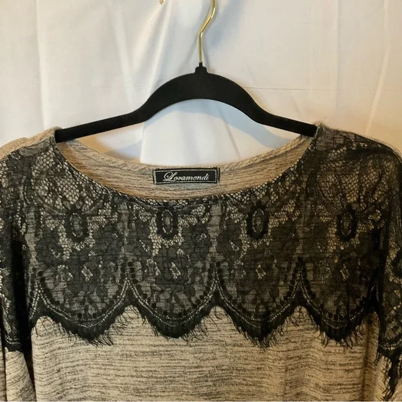 Loramendi Women’s Long Sleeve Heathered Oatmeal color with Black lace trim XL - Picture 15 of 16